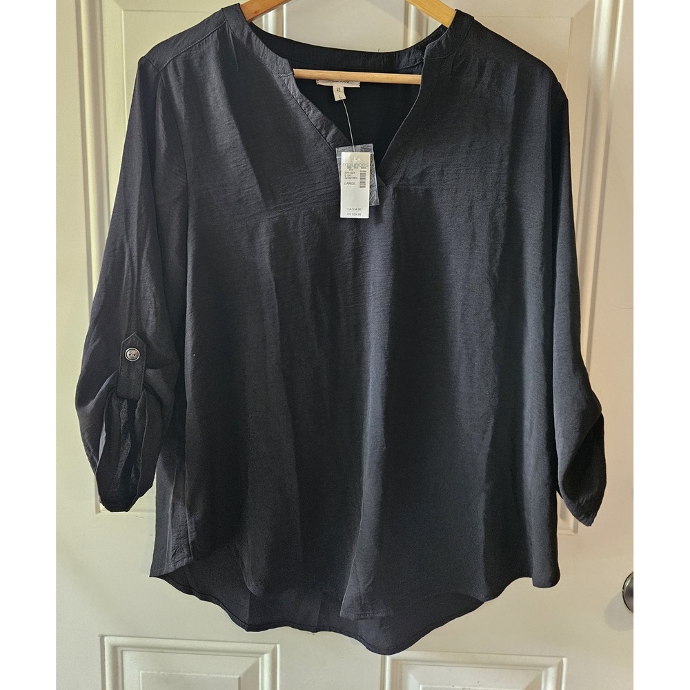 NWT Maurices Black Roll Tab Sleeve Blouse Women's Large Split Neck‎ Career Top